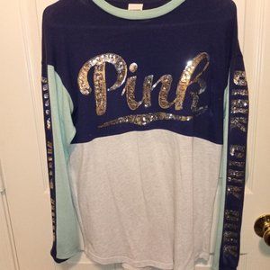 Victoria's Secret PINk Long Sleeve Sequins  Bling Shirt Aqua/Navy Size XSmall